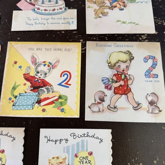 Vintage Birthday Cards Lot Of 8 1940s For 1, 2 & 3 Year Old Elephant Bunny Teddy - Picture 5 of 12